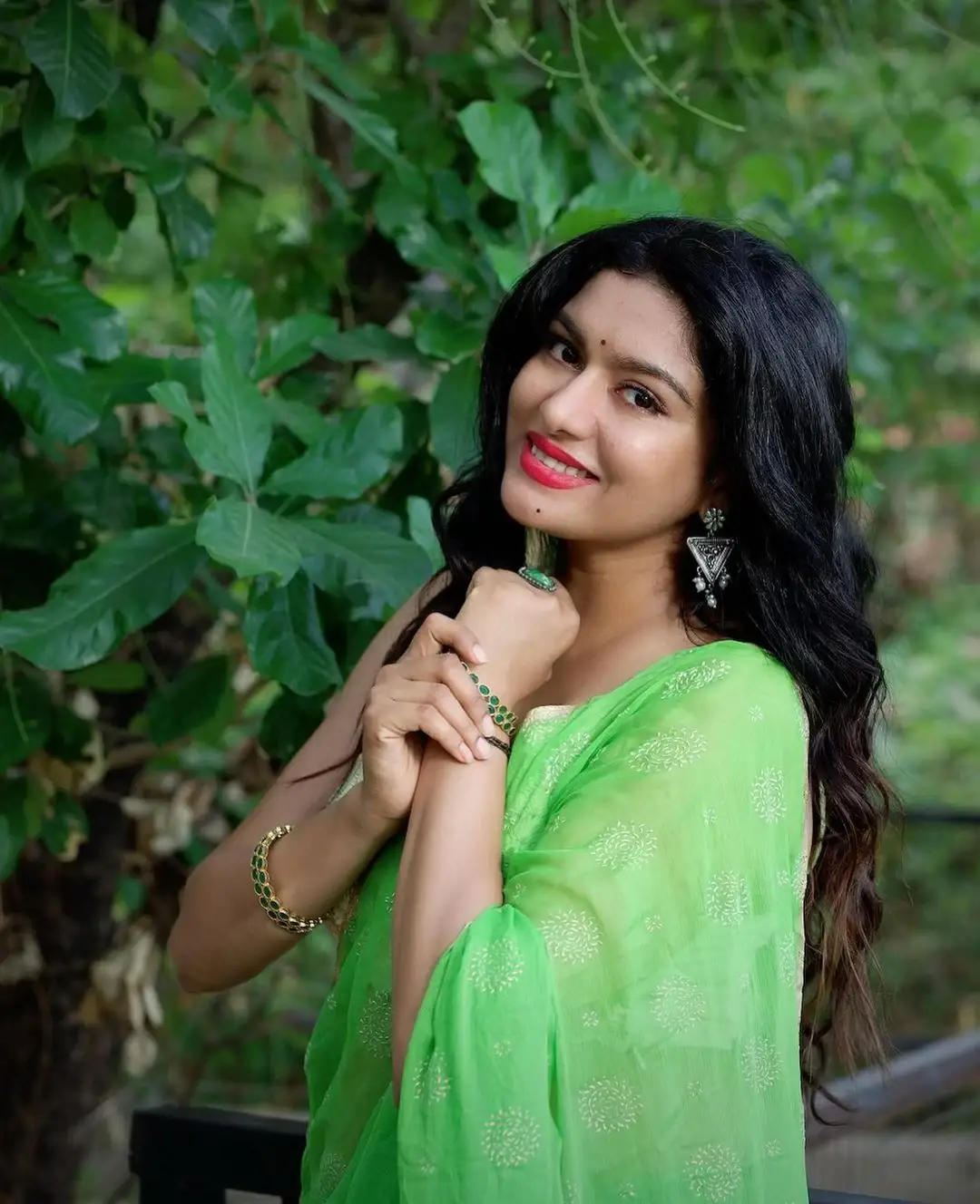 South Indian Actress Akshatha Srinivas in Green Saree